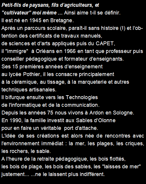 Zone de Texte: Petit-fils de paysans, fils d'agriculteurs, et "cultivateur" moi mme  Ainsi aime t-il se dfinir. Il est n en 1945 en Bretagne.Aprs un parcours scolaire, parat-il sans histoire (!) et l'obtention des certificats de travaux manuels, de sciences et d'arts appliqus puis du CAPET, il "immigre"   Orlans en 1966 en tant que professeur puis conseiller pdagogique et formateur d'enseignants. Ses 15 premires annes d'enseignement au lyce Pothier, il les consacre principalement  la cramique, au tissage,  la marqueterie et autres techniques artisanales. Il bifurque ensuite vers les Technologies de l'informatique et de la communication.  Depuis les annes 75 nous vivons  Ardon en Sologne. En 1990, la famille investit aux Sables d'Olonne pour en faire un vritable  port d'attache.L'ide de ses crations est alors ne de rencontres avec l'environnement immdiat : la mer, les plages, les criques, les rochers, le sable. A l'heure de la retraite pdagogique, les bois flotts, les bois de plage, les bois des sables, les "laisses de mer" justement... ...ne le laissent plus indiffrent. 